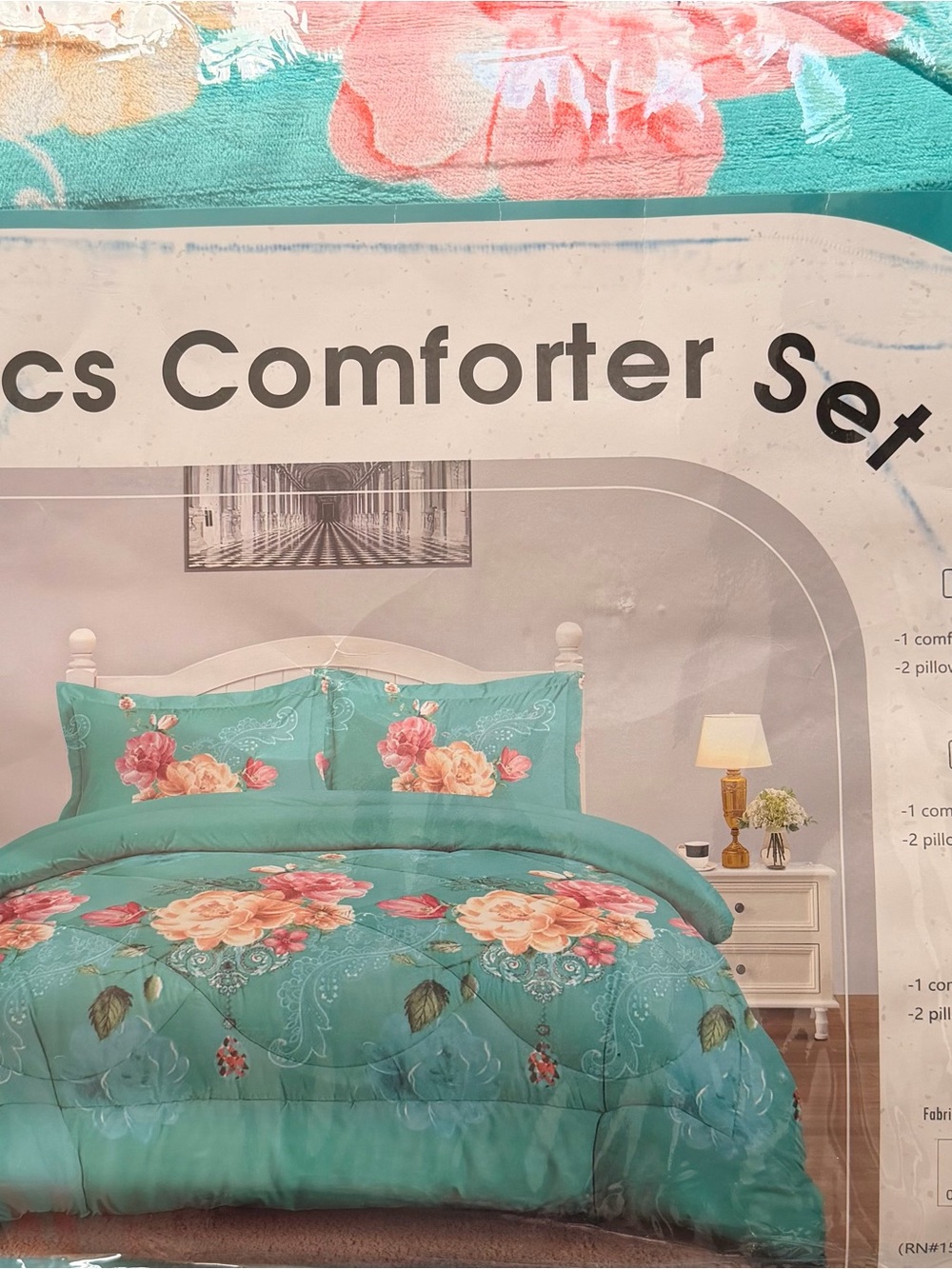 Floral Teal Comforter Set with Pink and Peach Blooms